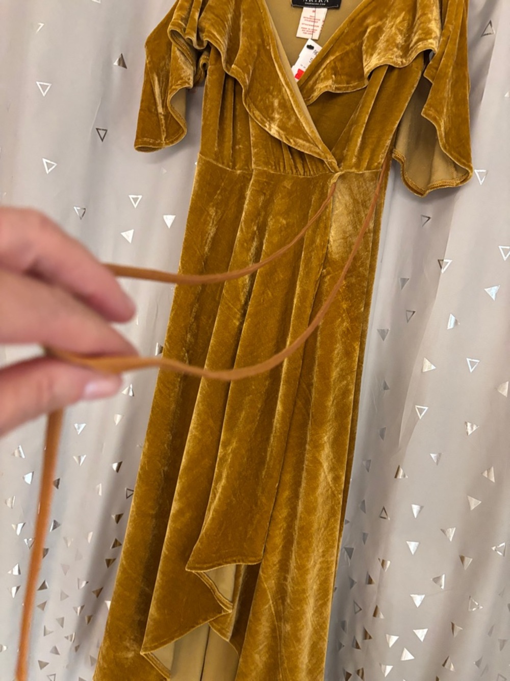 AKIRA Mustard Gold Velvet Ruffle High-Low Wrap Dress - Picture 5 of 7